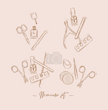 Illustration for Manicure and pedicure proffesional tools compositions collection with wire cutters, nail file, scissors, nail polish, toe separator, cuticle pusher spoon drawing on light brown background - Royalty Free Image