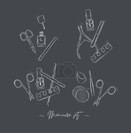 Illustration for Manicure and pedicure proffesional tools compositions collection with wire cutters, nail file, scissors, nail polish, toe separator, cuticle pusher spoon drawing on grey background - Royalty Free Image