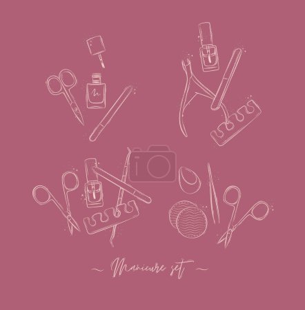 Illustration for Manicure and pedicure proffesional tools compositions collection with wire cutters, nail file, scissors, nail polish, toe separator, cuticle pusher spoon drawing on pink background - Royalty Free Image