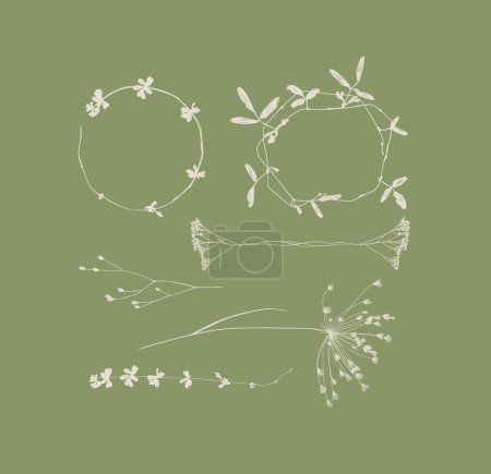 Ilustración de Ramas hojas y flores siluetas conjunto dibujo sobre fondo verde - Imagen libre de derechos