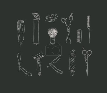 Illustration for Barbershop collection with clipper, trimmer, blade, shaving brush, scissors, comb, straight razor, barber pole drawing on black background - Royalty Free Image
