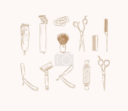Téléchargez les illustrations : Collection salon de coiffure avec tondeuse, tondeuse, lame, brosse à raser, ciseaux, peigne, rasoir droit, dessin de poteau de barbier sur fond marron - en licence libre de droit