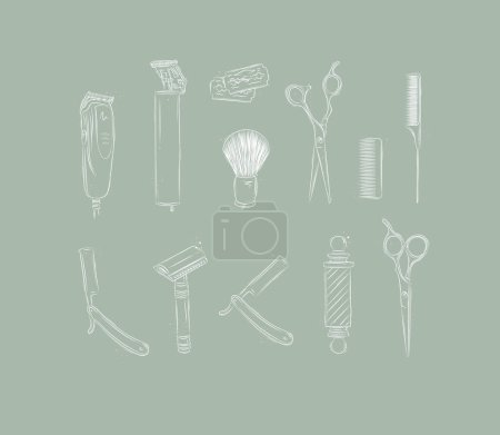 Illustration for Barbershop collection with clipper, trimmer, blade, shaving brush, scissors, comb, straight razor, barber pole drawing on green background - Royalty Free Image
