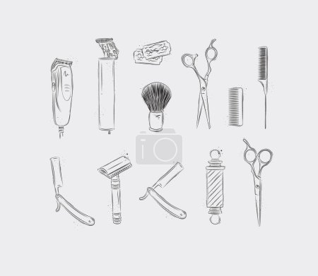 Illustration for Barbershop collection with clipper, trimmer, blade, shaving brush, scissors, comb, straight razor, barber pole drawing on light background - Royalty Free Image