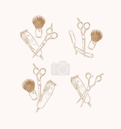 Téléchargez les illustrations : Coiffure de salon de coiffure et collection de rasage avec tondeuse, tondeuse, lame, brosse à raser, ciseaux, peigne, rasoir droit, dessin de poteau de barbier sur fond brun - en licence libre de droit