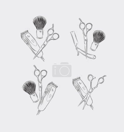 Illustration for Barbershop haircut and shave collection with clipper, trimmer, blade, shaving brush, scissors, comb, straight razor, barber pole drawing on light background - Royalty Free Image