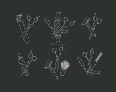 Illustration for Barbershop shave collection with clipper, trimmer, blade, shaving brush, scissors, comb, straight razor, barber pole drawing on black background - Royalty Free Image