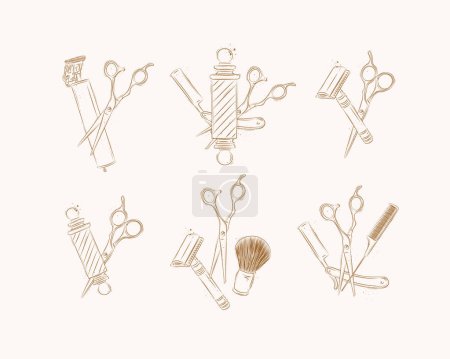Illustration for Barbershop shave collection with clipper, trimmer, blade, shaving brush, scissors, comb, straight razor, barber pole drawing on brown background - Royalty Free Image