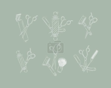 Illustration for Barbershop shave collection with clipper, trimmer, blade, shaving brush, scissors, comb, straight razor, barber pole drawing on green background - Royalty Free Image