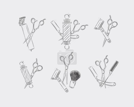 Illustration for Barbershop shave collection with clipper, trimmer, blade, shaving brush, scissors, comb, straight razor, barber pole drawing on light background - Royalty Free Image