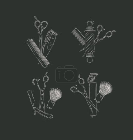 Téléchargez les illustrations : Barbershop symboles compositions collection avec tondeuse, tondeuse, lame, brosse à raser, ciseaux, peigne, rasoir droit, dessin de poteau de barbier sur fond noir - en licence libre de droit
