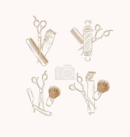 Ilustración de Colección de composiciones de símbolos de peluquería con clipper, recortador, cuchilla, cepillo de afeitar, tijeras, peine, navaja de afeitar recta, dibujo de poste de peluquería sobre fondo marrón - Imagen libre de derechos