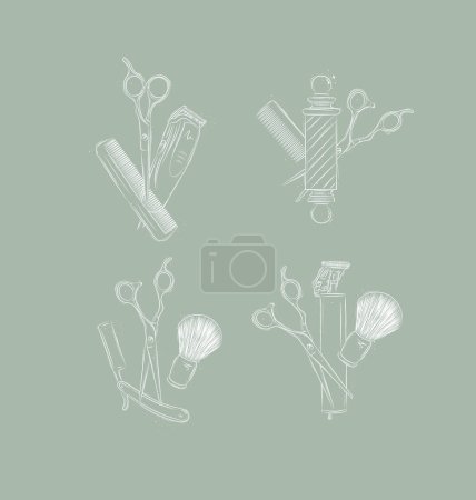 Illustration for Barbershop symbol compositions collection with clipper, trimmer, blade, shaving brush, scissors, comb, straight razor, barber pole drawing on green background - Royalty Free Image