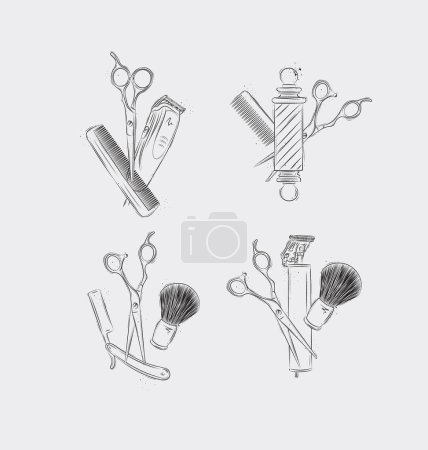 Illustration for Barbershop symbol compositions collection with clipper, trimmer, blade, shaving brush, scissors, comb, straight razor, barber pole drawing on light background - Royalty Free Image