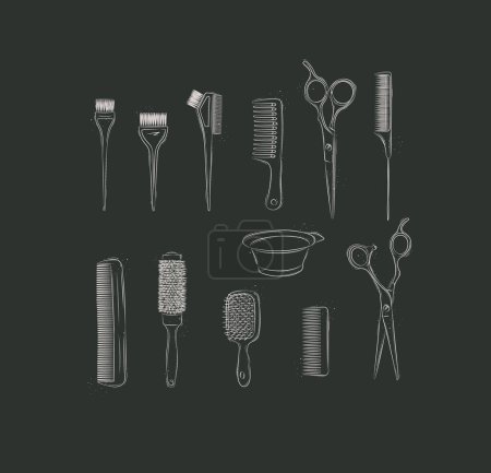Téléchargez les illustrations : Types de peigne de coiffeur et collection de pinceaux de teinture pour cheveux dessin sur fond noir - en licence libre de droit