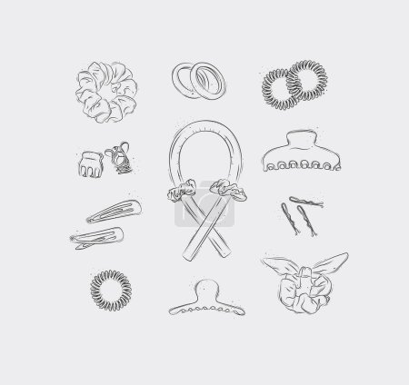 Illustration for Elastic bands and hair clips collection drawing on light background - Royalty Free Image