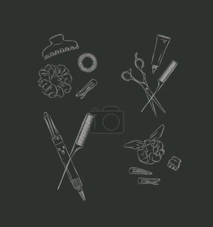 Illustration for Collection of tools and accessories for creating hairstyles drawing on black background - Royalty Free Image