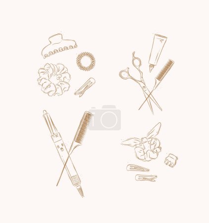 Illustration for Collection of tools and accessories for creating hairstyles drawing on brown background - Royalty Free Image