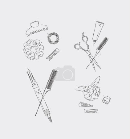 Illustration for Collection of tools and accessories for creating hairstyles drawing on light background - Royalty Free Image