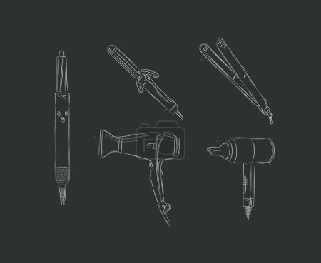 Illustration for Hair straightener, curling iron, hairdryer collection for creating model drawing on black background - Royalty Free Image