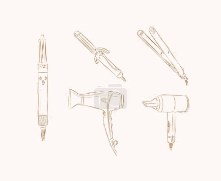 Illustration for Hair straightener, curling iron, hairdryer collection for creating model drawing on brown background - Royalty Free Image