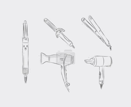 Illustration for Hair straightener, curling iron, hairdryer collection for creating model drawing on light background - Royalty Free Image