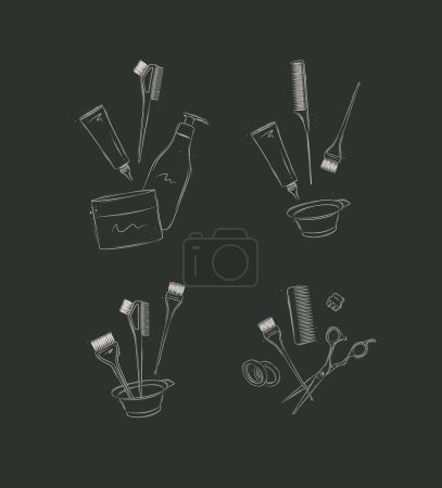 Téléchargez les illustrations : Outils de teinture capillaire et accessoires compositions dessin sur fond noir - en licence libre de droit