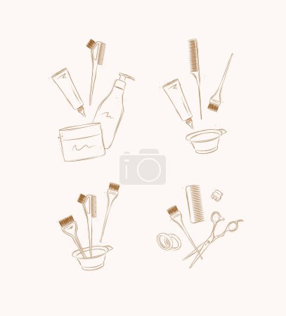 Téléchargez les illustrations : Outils de teinture capillaire et accessoires compositions dessin sur fond marron - en licence libre de droit