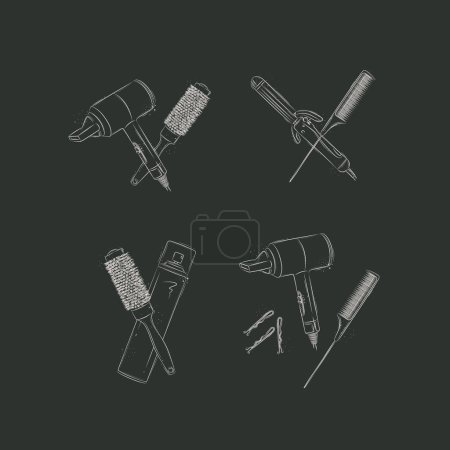 Illustration for Hair styling tools and accessories compositions drawing on black background - Royalty Free Image