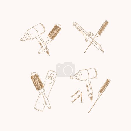Illustration for Hair styling tools and accessories compositions drawing on brown background - Royalty Free Image
