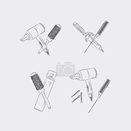 Illustration for Hair styling tools and accessories compositions drawing on light background - Royalty Free Image