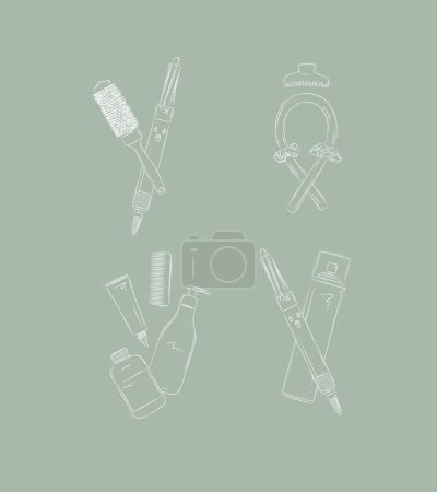 Illustration for Curl syling tools composition drawing on green background - Royalty Free Image