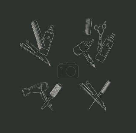 Téléchargez les illustrations : Outils de traitement de coiffure composition dessin sur fond noir - en licence libre de droit