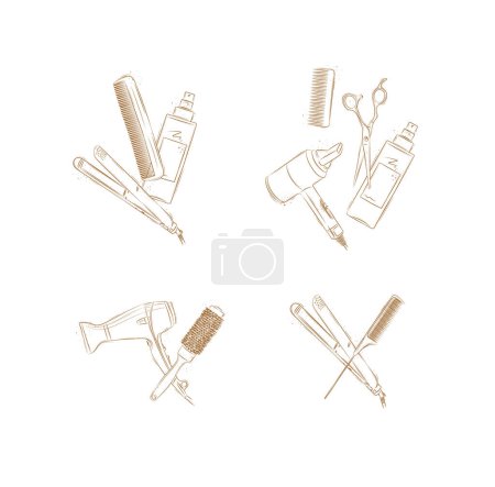 Illustration for Hairdresser treatment tools composition drawing on brown background - Royalty Free Image