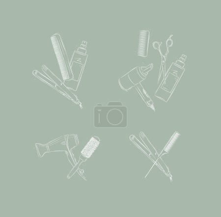 Illustration for Hairdresser treatment tools composition drawing on green background - Royalty Free Image
