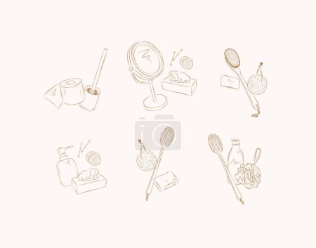 Illustration for Hygiene compositions with bathroom accessories shampoo, soap, toilet paper, brush, mirror, ear sticks, cosmetic wipes, cotton sponge, pumice stone, bath brush, shower gel, washcloth drawing on beige background - Royalty Free Image