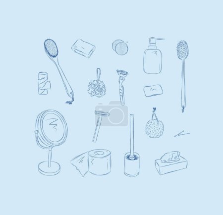 Illustration for Bathroom accessories elements toilet paper, shower brush, soap, cotton sponge, washcloth, razor, mirror, toilet brush, pumice stone, ear sticks, cosmetic wipes drawing on blue background - Royalty Free Image
