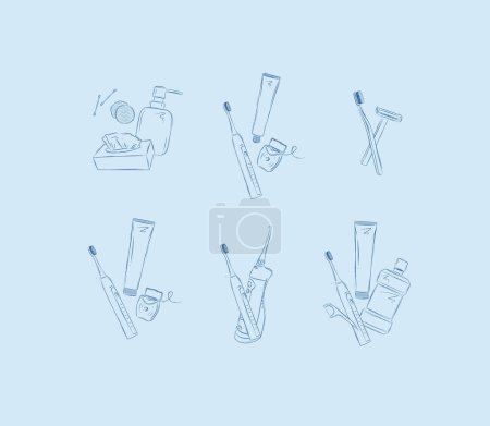 Téléchargez les illustrations : Composition de soins dentaires avec bâtons d'oreille, éponge, lingettes, brosse à dents, fil dentaire, dentifrice, rasoir, dessin de l'irrigateur sur fond bleu - en licence libre de droit