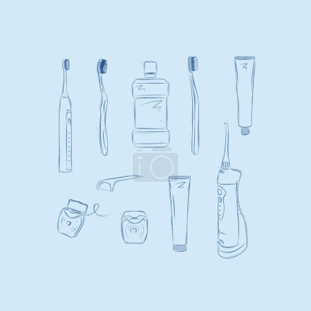 Téléchargez les illustrations : Accessoires de soins dentaires brosse à dents électrique, brosse à dents régulière, rince-bouche, dentifrice, gel dentaire, fil dentaire, dessin de l'irrigateur sur fond bleu - en licence libre de droit