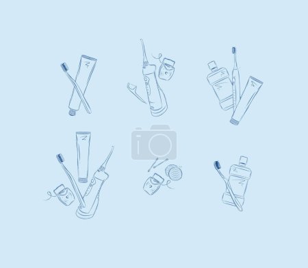 Illustration for Oral care compositions electric toothbrush, regular toothbrush, mouthwash, toothpaste, tooth gel, dental floss, irrigator, sponge drawing on blue background - Royalty Free Image
