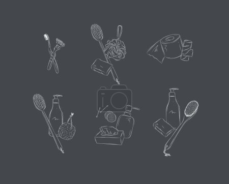 Illustration for Hygiene bathroom accessories compositions with elements toothbrush, razor, soap, washcloth, shower brush, toilet paper roll, shampoo bottle, pumice stone, ear buds, cotton sponge, cosmetic wipes, shower gel drawing on black background - Royalty Free Image