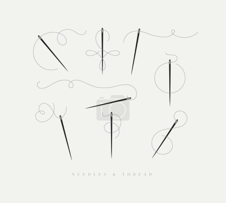 Illustration for Needles and curly threads in different positions drawing on grey background - Royalty Free Image