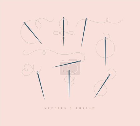 Illustration for Needles and curly threads in different positions drawing on peach background - Royalty Free Image