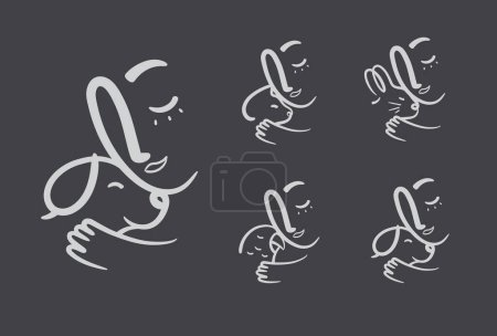 Illustration for Man lovingly clings to an animal cat, dog, rabbit, parrot compositions drawing on black background - Royalty Free Image