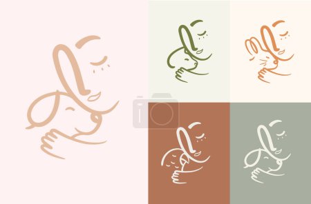 Illustration for Man lovingly clings to an animal cat, dog, rabbit, parrot compositions drawing on powder color background - Royalty Free Image