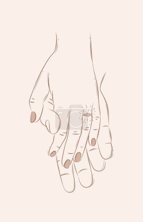 Illustration for Hands of woman with ring and man holding each other and waiting for the wedding drawing on beige background - Royalty Free Image