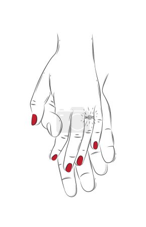 Illustration for Hands of woman with ring and man holding each other and waiting for the wedding drawing on white background with red - Royalty Free Image