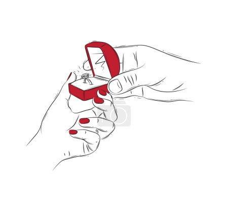 Ilustración de El hombre hace un propósito de boda a una chica y le da un anillo en un dibujo de joyero sobre fondo blanco con rojo - Imagen libre de derechos