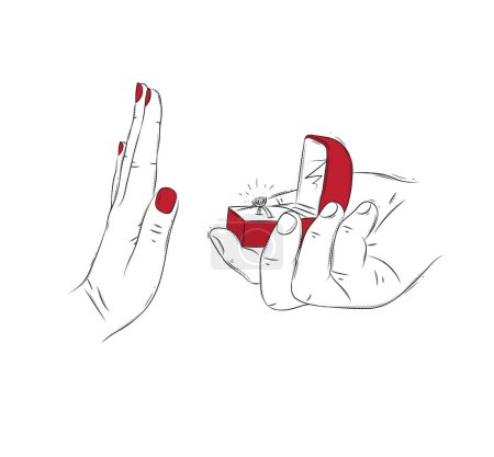 Téléchargez les illustrations : Femme main rejeter la demande en mariage avec bague dans la boîte à bijoux dessin sur fond blanc avec rouge - en licence libre de droit