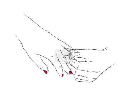 Illustration for Hand of man wearing wedding ring on woman finger drawing on white background with red - Royalty Free Image